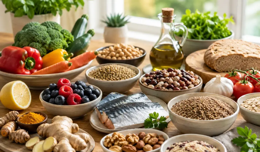 Alimentos de una dieta antiinflamatoria basada en verduras, pescado, legumbres y aceite de oliva