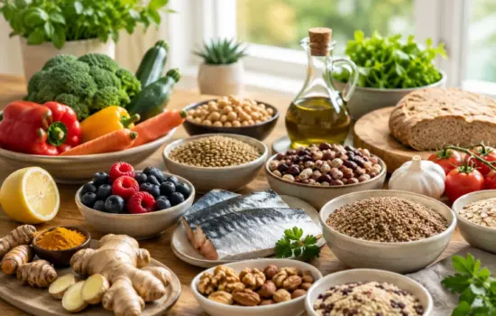 Alimentos de una dieta antiinflamatoria basada en verduras, pescado, legumbres y aceite de oliva