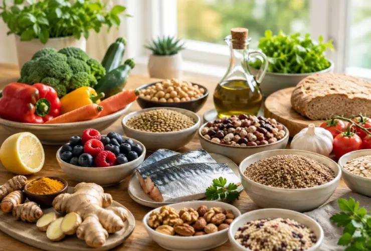 Alimentos de una dieta antiinflamatoria basada en verduras, pescado, legumbres y aceite de oliva
