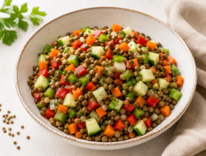 Ensalada de lentejas ligera en bol de cer&aacute;mica, con tomate, pepino, pimiento rojo, perejil y ali&ntilde;o de aceite de oliva.