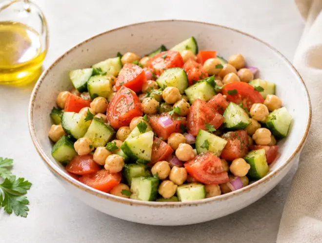 Ensalada de tomate, pepino y garbanzos en un bol de cer&aacute;mica, con perejil fresco y ali&ntilde;o ligero de aceite de oliva.