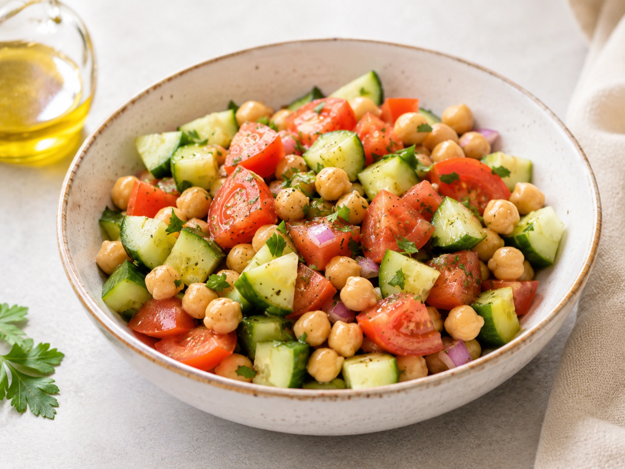 Ensalada de tomate, pepino y garbanzos en un bol de cer&aacute;mica, con perejil fresco y ali&ntilde;o ligero de aceite de oliva.