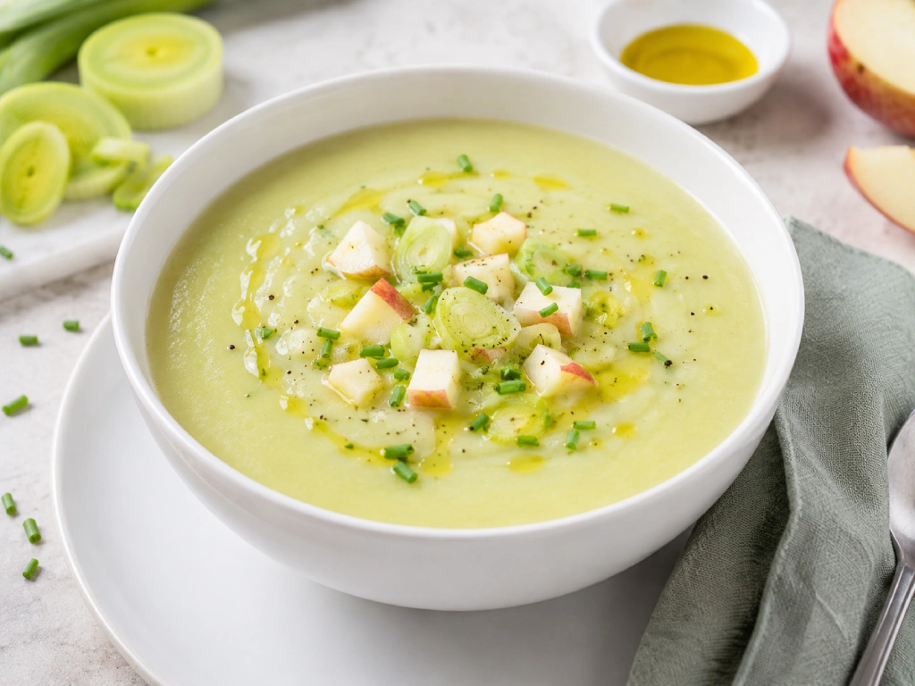 Gazpacho de calabac&iacute;n y manzana servido fr&iacute;o con dados de manzana, calabac&iacute;n y un toque de aceite de oliva virgen extra.