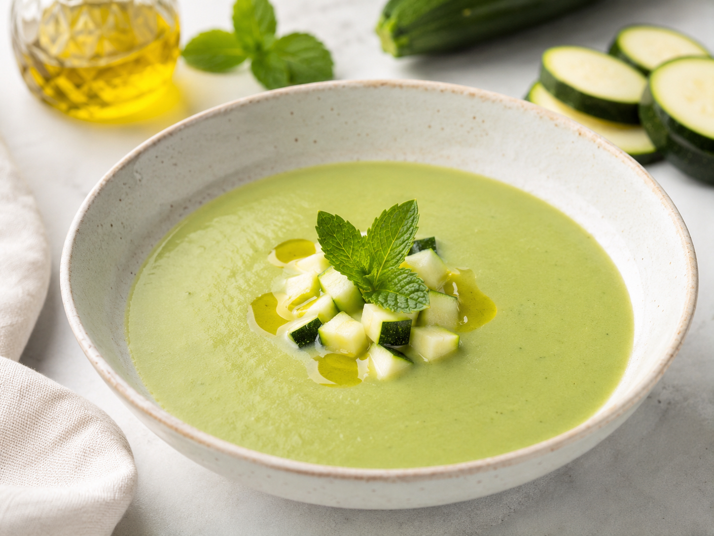 Gazpacho de calabac&iacute;n cremoso servido fr&iacute;o con dados de calabac&iacute;n, hierbabuena y aceite de oliva virgen extra.
