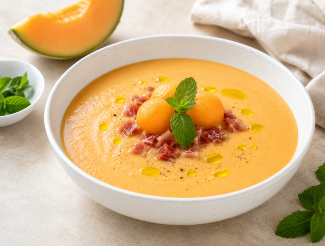Gazpacho de melón cremoso servido en un cuenco blanco, con una presentación gourmet sobre un fondo neutro y luminoso.