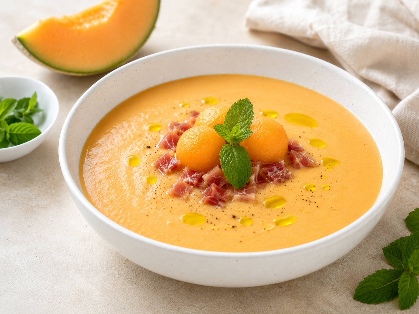 Gazpacho de mel&oacute;n cremoso servido en un cuenco blanco, con una presentaci&oacute;n gourmet sobre un fondo neutro y luminoso.