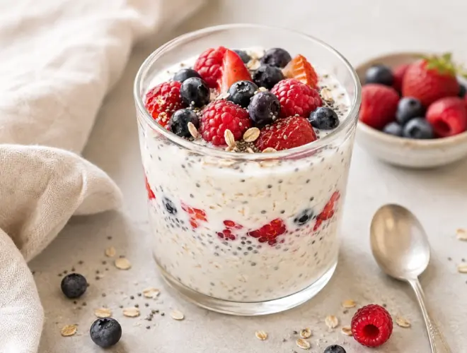Kéfir con avena, frutos rojos y chía servido en vaso de cristal, con textura cremosa y presentación luminosa.