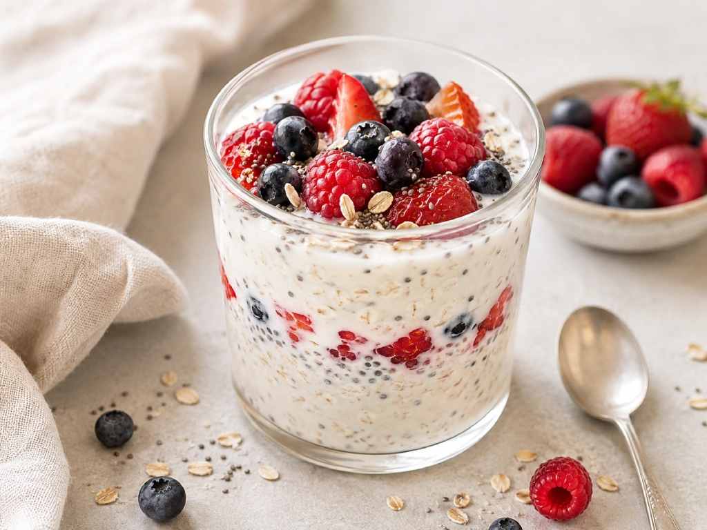 K&eacute;fir con avena, frutos rojos y ch&iacute;a servido en vaso de cristal, con textura cremosa y presentaci&oacute;n luminosa.