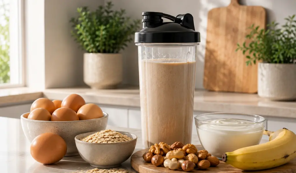 Batido de proteínas junto a huevos, yogur, avena, plátano y frutos secos como ejemplo de una alimentación equilibrada.