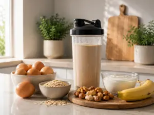 necesitas-tanta-proteina-lo-que-dice-la-ciencia-sobre-la-proteina-diaria Batido de proteínas junto a huevos, yogur, avena, plátano y frutos secos como ejemplo de una alimentación equilibrada.