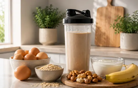 Batido de prote&iacute;nas junto a huevos, yogur, avena, pl&aacute;tano y frutos secos como ejemplo de una alimentaci&oacute;n equilibrada.
