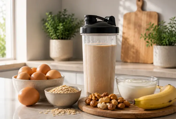 Batido de prote&iacute;nas junto a huevos, yogur, avena, pl&aacute;tano y frutos secos como ejemplo de una alimentaci&oacute;n equilibrada.