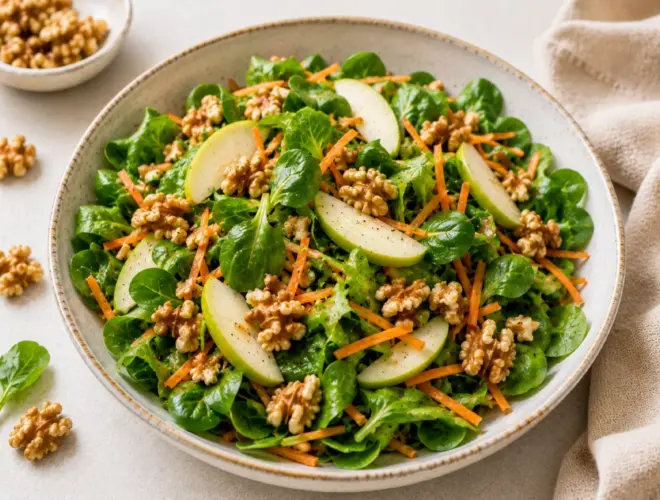 Ensalada verde con manzana y nueces en bol de cer&aacute;mica, con can&oacute;nigos, manzana laminada, zanahoria rallada y ali&ntilde;o de lim&oacute;n.