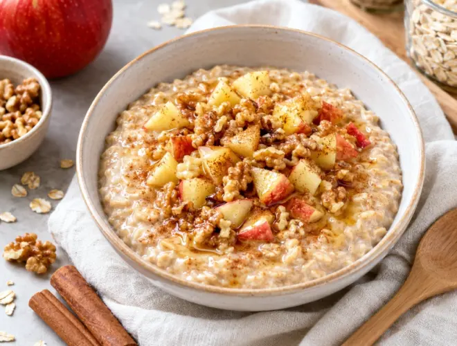 porridge de avena, manzana y nueces en bol cerámico con canela, estilo gourmet luminoso y fondo neutro.