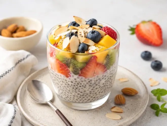 Pudding de ch&iacute;a con fruta fresca y almendras servido en vaso, receta saludable luminosa y cremosa.