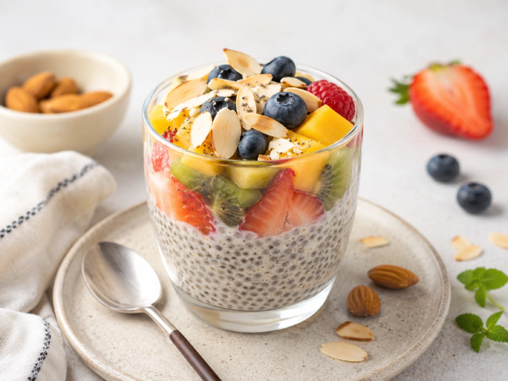Pudding de ch&iacute;a con fruta fresca y almendras servido en vaso, receta saludable luminosa y cremosa.