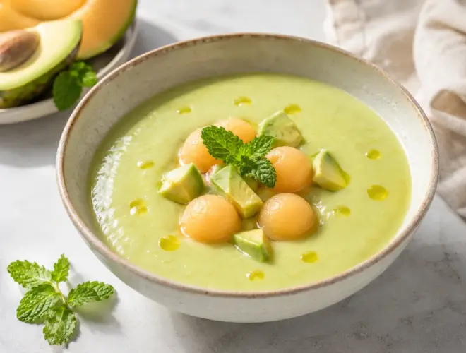 Sopa fría de melón y aguacate servida con bolitas de melón, dados de aguacate, hierbabuena y gotas de aceite de oliva.