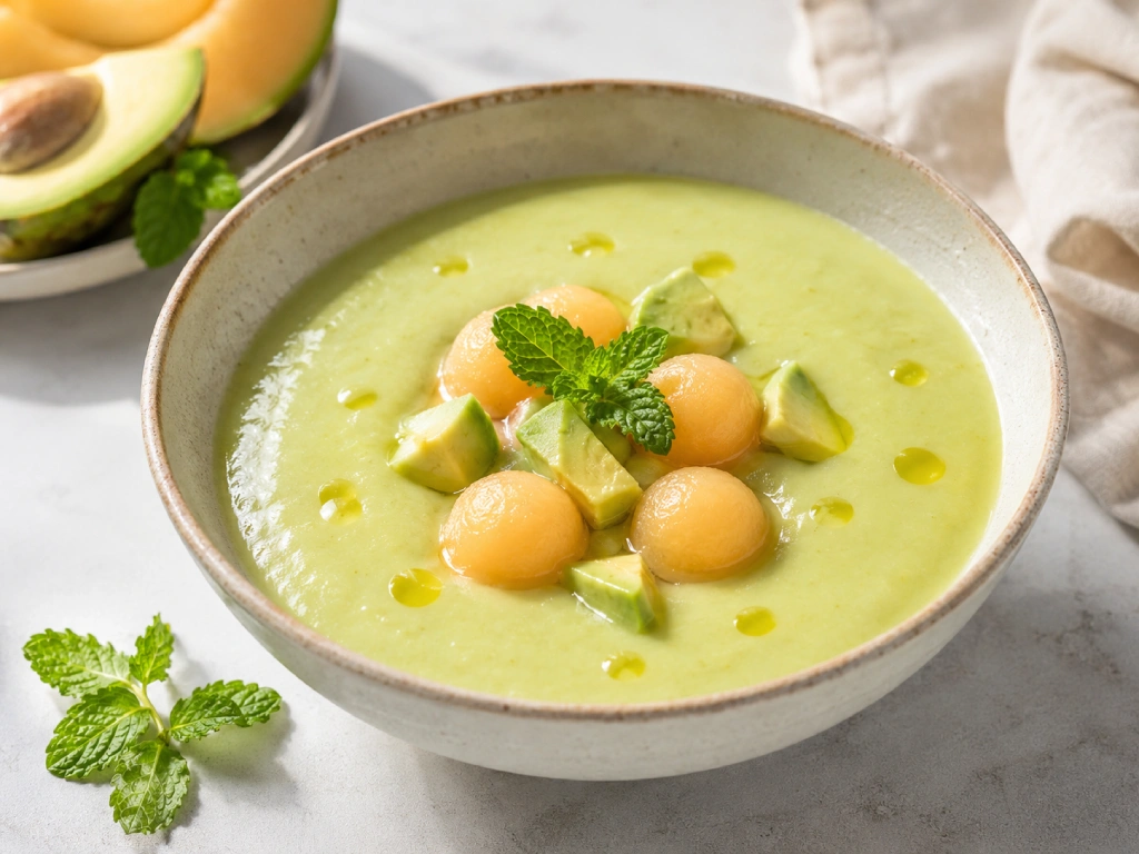 Sopa fr&iacute;a de mel&oacute;n y aguacate servida con bolitas de mel&oacute;n, dados de aguacate, hierbabuena y gotas de aceite de oliva.