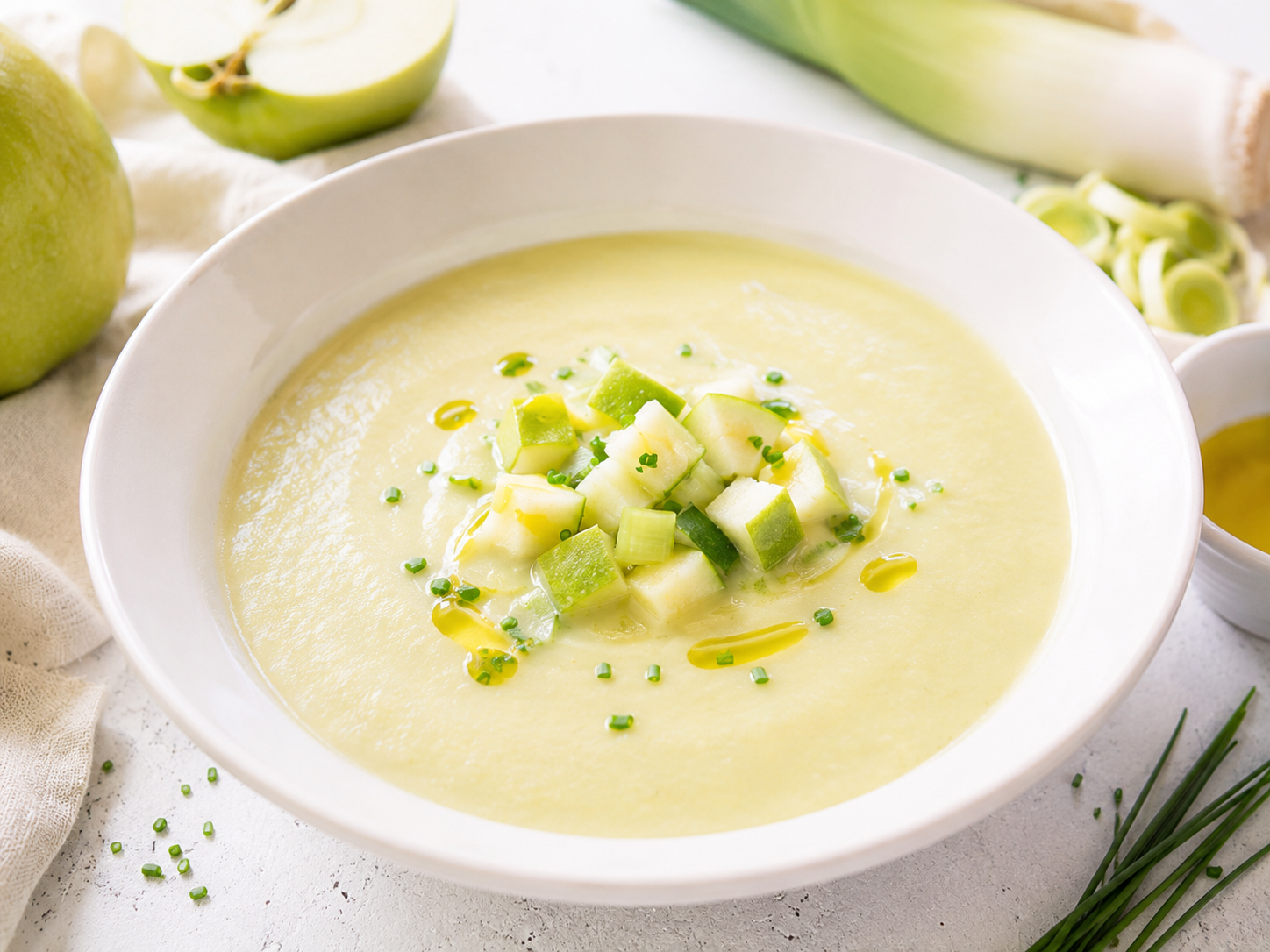 Sopa fr&iacute;a de puerro y manzana servida con dados de manzana verde, puerro y aceite de oliva virgen extra.