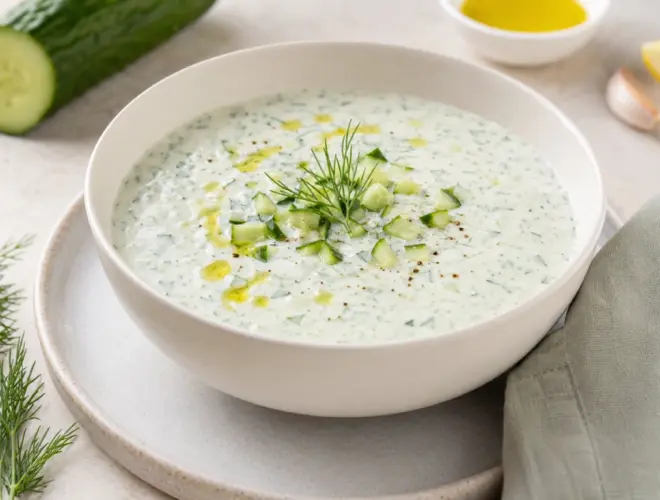 Tarator, sopa fría de pepino y yogur, servido con pepino, eneldo y aceite de oliva en un cuenco claro.