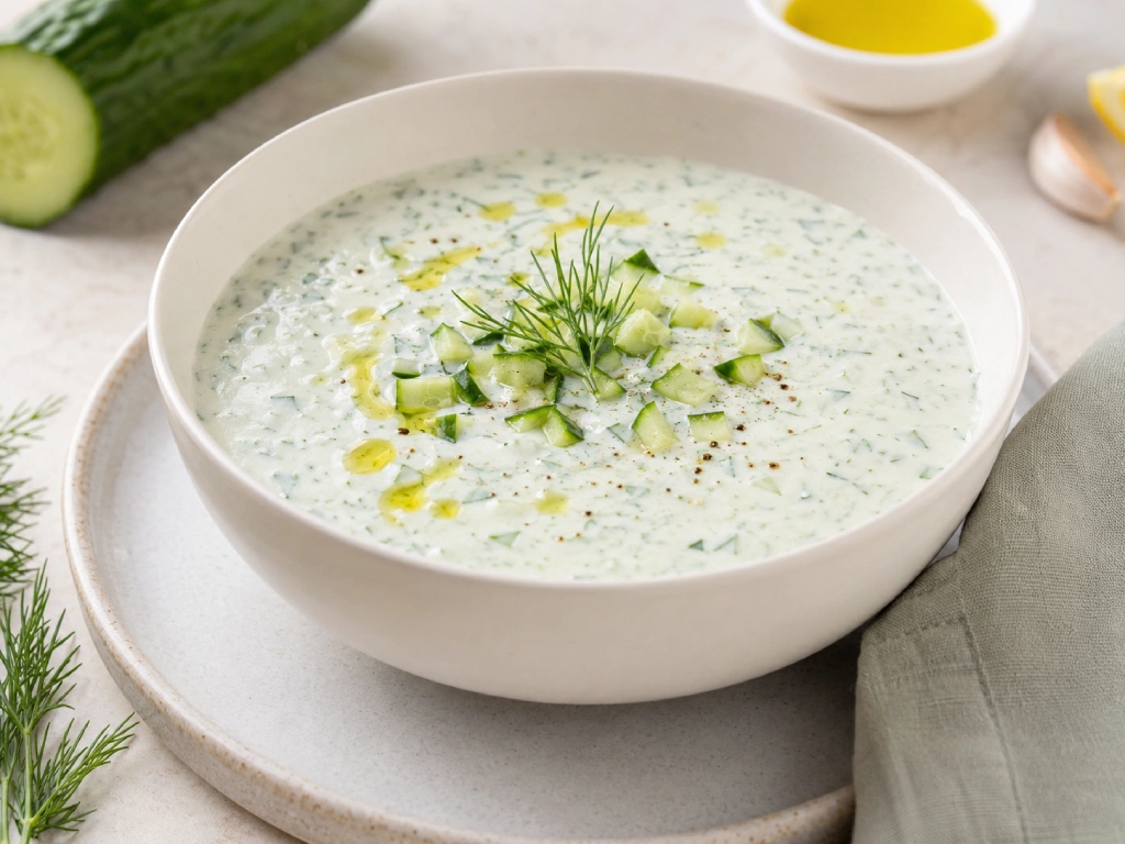 Tarator, sopa fr&iacute;a de pepino y yogur, servido con pepino, eneldo y aceite de oliva en un cuenco claro.