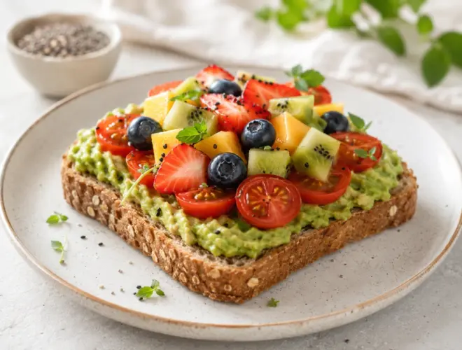 Tostada integral con aguacate, tomate natural y fruta fresca en plato claro, desayuno saludable y r&aacute;pido.