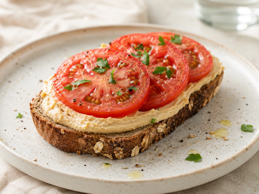 Tostada integral con hummus y tomate natural servida en plato claro con aceite de oliva y especias.