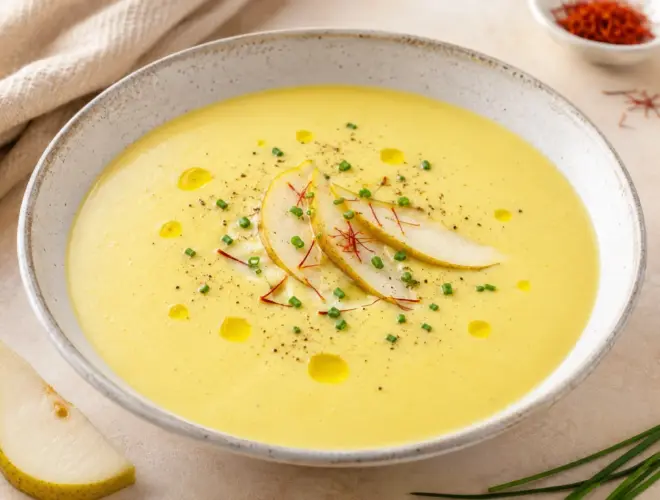 Vichyssoise de pera al azafrán servida en un cuenco claro con láminas de pera, hebras de azafrán, cebollino y gotas de aceite de oliva.