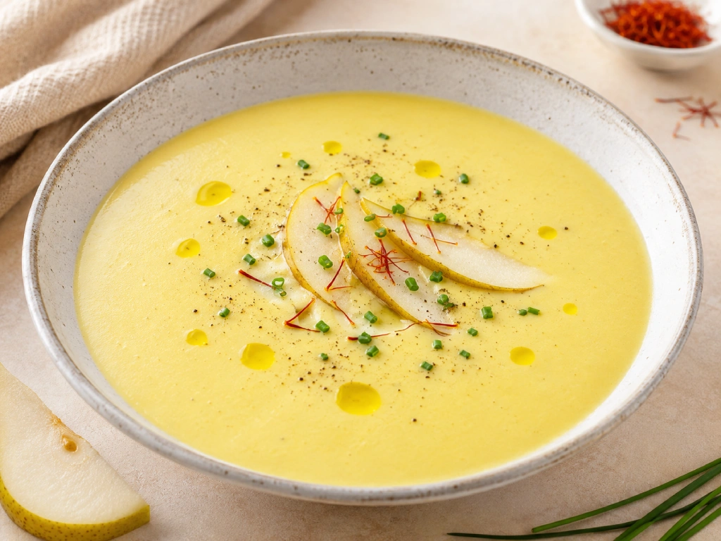 Vichyssoise de pera al azafr&aacute;n servida en un cuenco claro con l&aacute;minas de pera, hebras de azafr&aacute;n, cebollino y gotas de aceite de oliva.