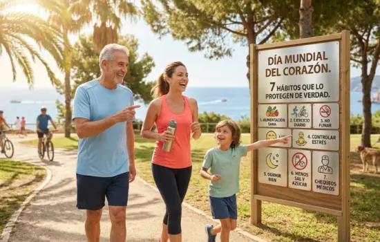 Familia paseando en un parque soleado junto a un cartel con 7 hábitos saludables para proteger el corazón en el Día Mundial del Corazón.
