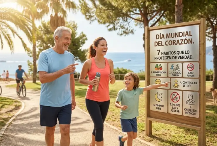 Familia paseando en un parque soleado junto a un cartel con 7 h&aacute;bitos saludables para proteger el coraz&oacute;n en el D&iacute;a Mundial del Coraz&oacute;n.