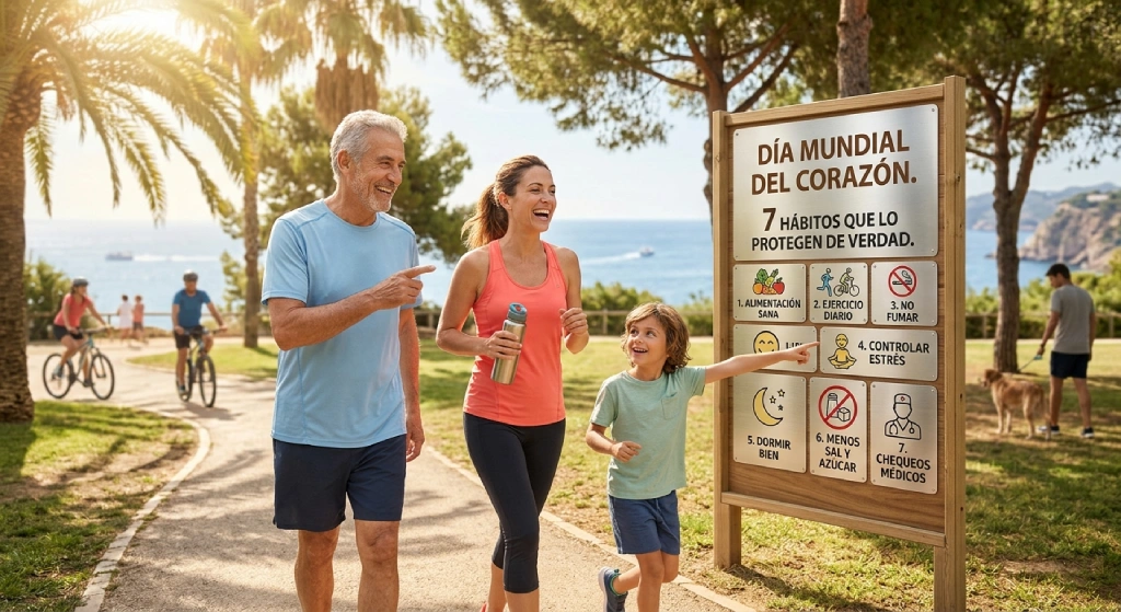 Familia paseando en un parque soleado junto a un cartel con 7 h&aacute;bitos saludables para proteger el coraz&oacute;n en el D&iacute;a Mundial del Coraz&oacute;n.