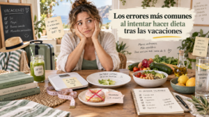 los-errores-mas-comunes-al-intentar-hacer-dieta-tras-las-vacaciones Mujer intentando retomar una dieta saludable después de las vacaciones